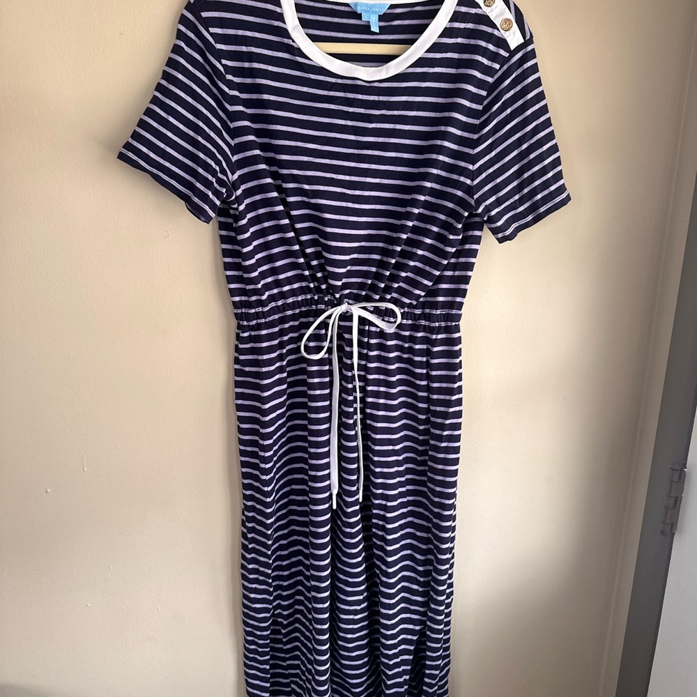 Draper James 100% Cotton Large Navy and Purple Striped Midi Dress drawstring